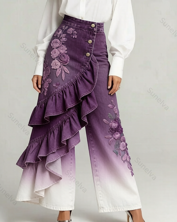 Women's Summer Elegant Floral Embroidery Ruffled Patchwork Gradient Denim Jeans  1268