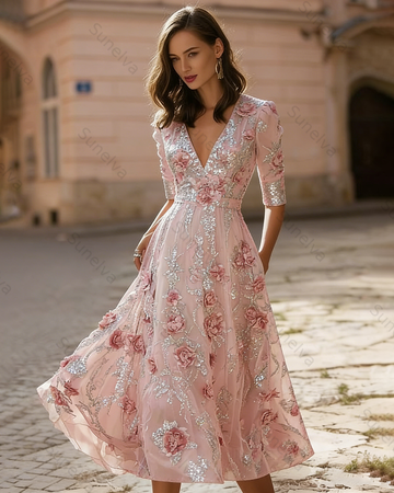 Women's Elegant Gradient Floral Embroidered Dress 6970