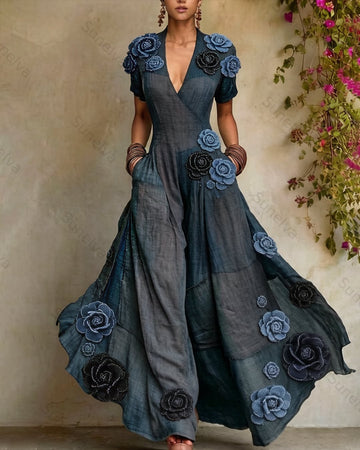Women's Summer Vacation Flowers Embroidery Linen Patchwork Dress 8601