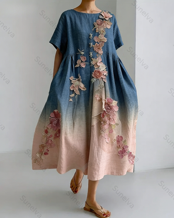 Women's Vacation Irregular Ruffle Flowers Embroidery Patchwork Dress 7006