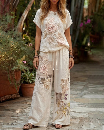 Women's Summer Floral Embroidered Linen Short-Sleeve Top and Long Pants Set 9743