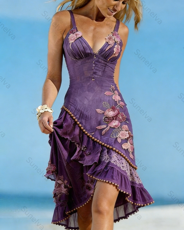 Women's Vacation Irregular Ruffle Flowers Embroidery Dress 1200
