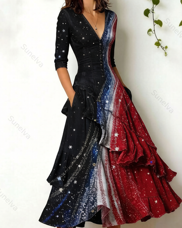 Women's Retro Elegant Stars and Stripes Gradient Color Ruffled Linen Dress 7028