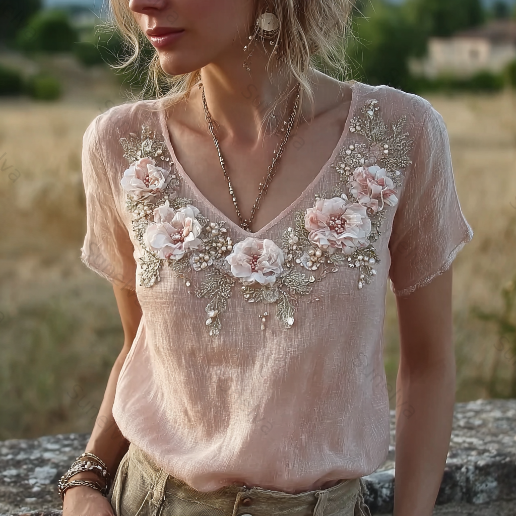 Bohemian Retro Style Plant Flower Design Women's  Linen Short-sleeve Shirt 2b6a