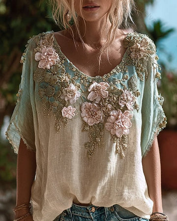 Women's Summer Fashion: Gradient-Printed Floral Embroidered Linen Short-Sleeve Top 2434