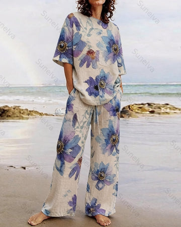Women's Summer Resort Floral Embroidered Linen short-sleeved top & Pants Two-Piece Set   3711