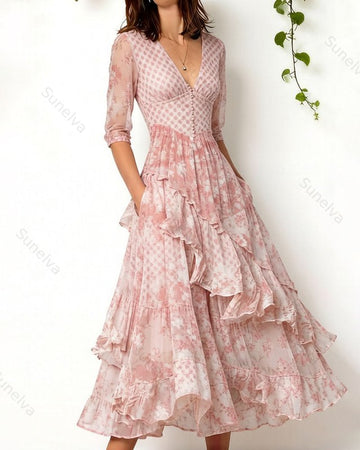 Women's Retro Elegant Floral Print Irregular Ruffle Patchwork Linen Dress  3904