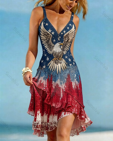 Women's Retro Elegant Stars and Stripes Embroidered Ruffled Linen Dress 4344