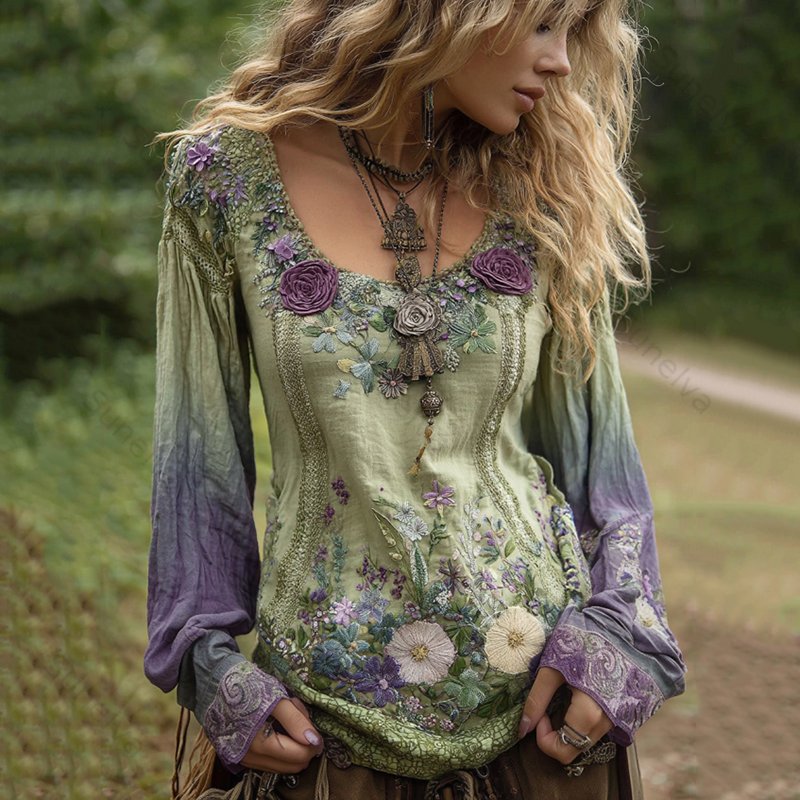 Classy Gradient Purple Lavender And Floral Embroidered Linen Long Sleeve Shirt 6047