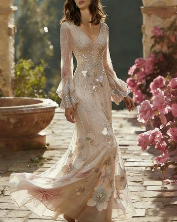 Women's Retro Bohemian Style Floral Embroidery Flowy Linen Maxi Dress  7315