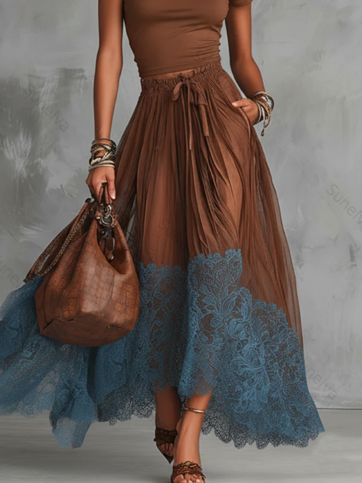 Stylish Stretch T-shirt And Lace-trimmed Skirt Two-piece Set 5823