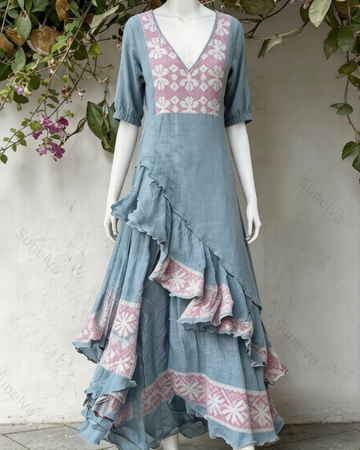 Women's Vacation Contrasting Color Irregular Ruffle Linen Dress 4563