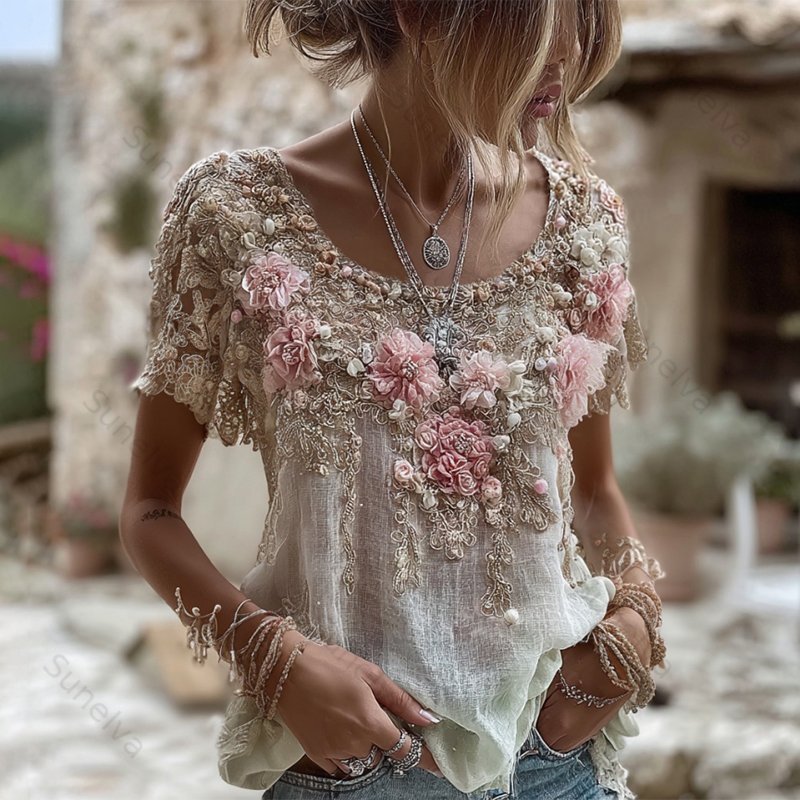 Women's Pink Rose Embroidery Art Round Neck Short Sleeve Linen Blend T-shirt 29bd