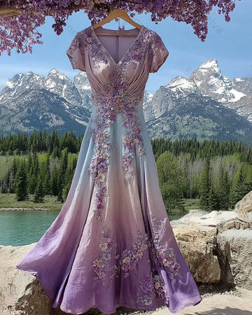 Women's Summer Vacation Floral Embroidered Ombre Short-Sleeve Dress 5677
