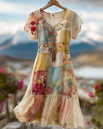 Women's Summer Vacation Floral Embroidered Color-Blocked Short-Sleeve Dress 6918