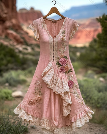 Women's Summer Floral Embroidered Patchwork Linen Dress 4592