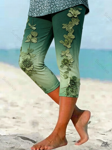 Women's Outdoor Fashion Gradient Color Floral Embroidery Leggings  9192