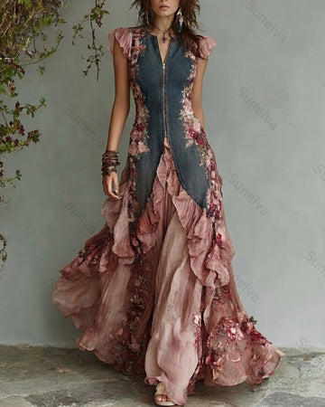 Women's Summer Elegant Floral Embroidered Patchwork Linen Dress 7986