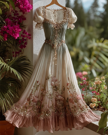 Women's Elegant Gradient Flowers Irregular Ruffle Linen Dress 1563