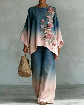 Women's Vacation Gradient Flowers Embroidery Top And Pants Two-Piece Set 8947