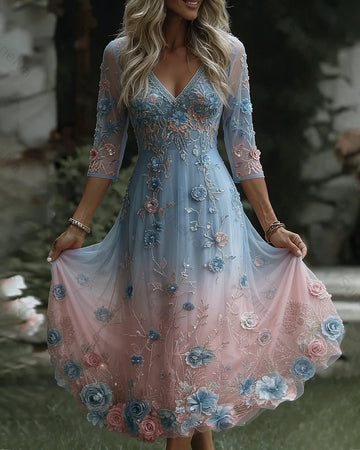 Women's Retro Bohemian Style Floral Embroidery Flowy Linen Maxi Dress  7494