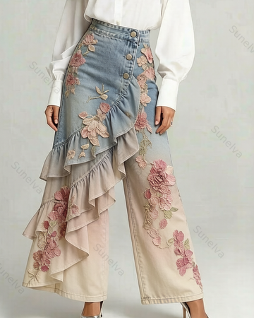 Women's Summer Elegant Floral Embroidery Ruffled Patchwork Gradient Denim Jeans  2238
