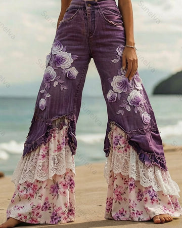 Summer vacation handmade floral embroidered denim patchwork linen pants 5530