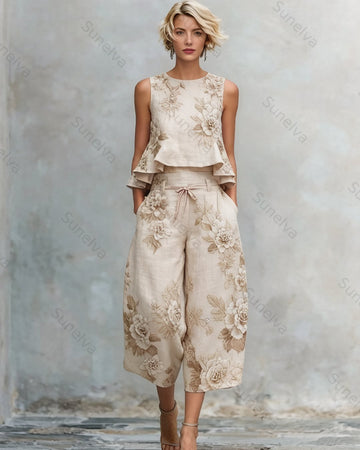 Women's Summer Resort Floral Embroidered Linen Sleeveless Top & Pants Two-Piece Set   5057