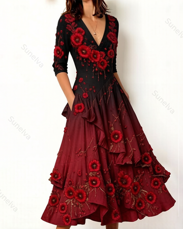 Women's vintage elegant red Friday red rose embroidered ruffled patchwork linen dress  5694