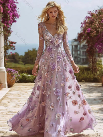 Boho Purple Roses Embroidered V Neck Flowy Maxi Dress 458c