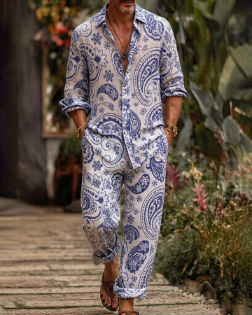 Men's Fashion Color-Blocked Print Long-Sleeve Shirt and Pants Two-Piece Set 9551