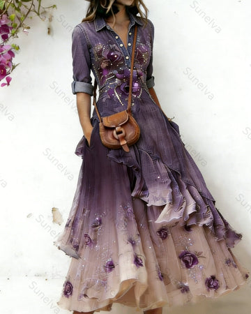 Women's elegant floral embroidered irregular ruffled linen patchwork dress 6997