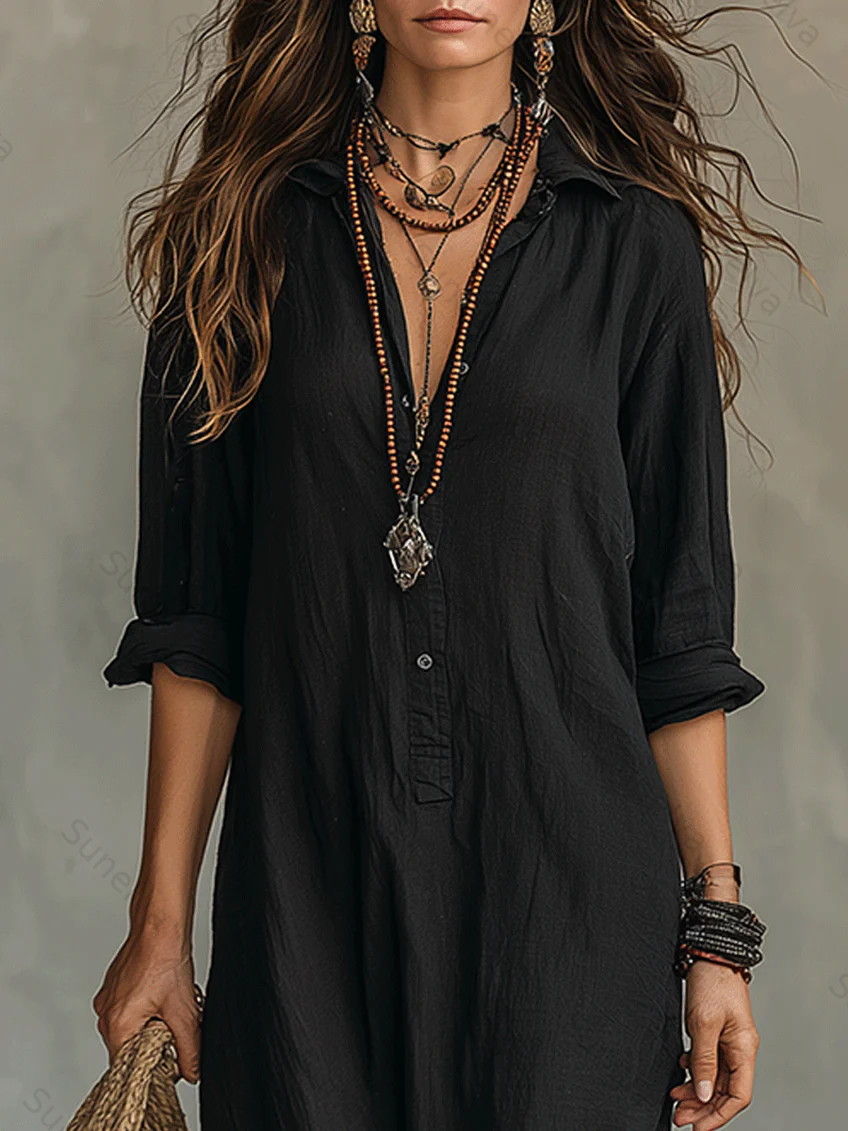 Casual Solid-color Linen-cotton Dress 4b10