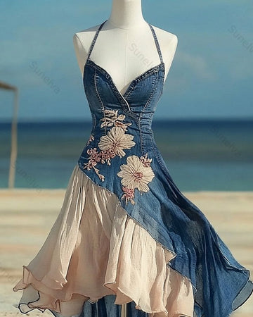 Women's Summer Vacation Style Irregular Ruffle Patchwork Floral Embroidery Sundress 6374