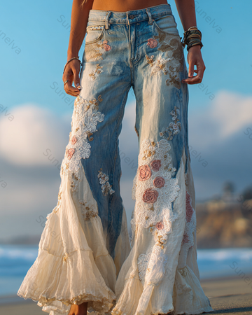 Women's Outdoor Fashion Floral Embroidery Color Block Gradient Denim Linen Pants 1861