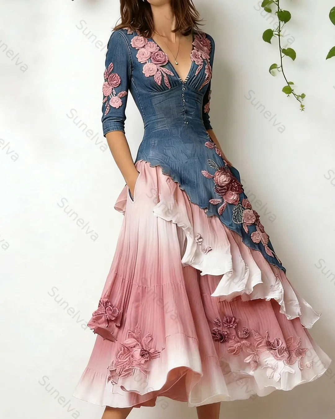 Women's Elegant Flowers Embroidery Irregular Ruffle Linen Patchwork Dress 1865
