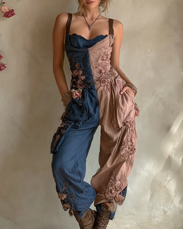 Women's Spring Elegant Floral Embroidered Linen Overalls 1900