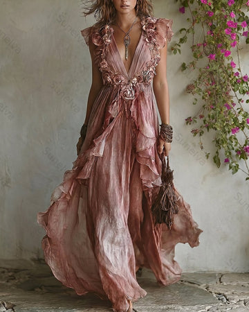 Women's Summer Elegant Floral Embroidered Patchwork Linen Dress 7062