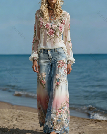 Women's Spring Resort Floral Embroidered Top & Pants Two-Piece Set4752
