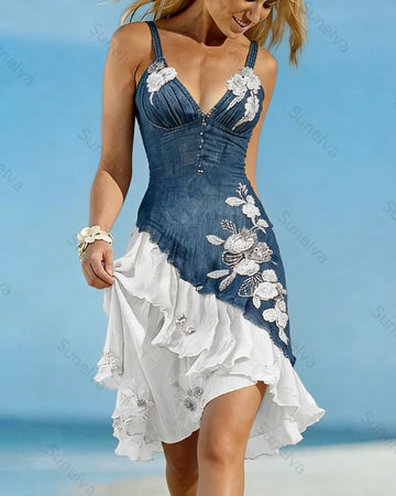Women's Summer Flowers Embroidery Irregular Ruffle Linen Patchwork Dress 1291