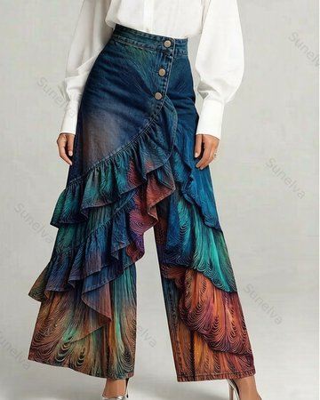 Women's Summer Elegant Peacock Feather Embroidered Ruffled Patchwork Gradient Denim Jeans  1000
