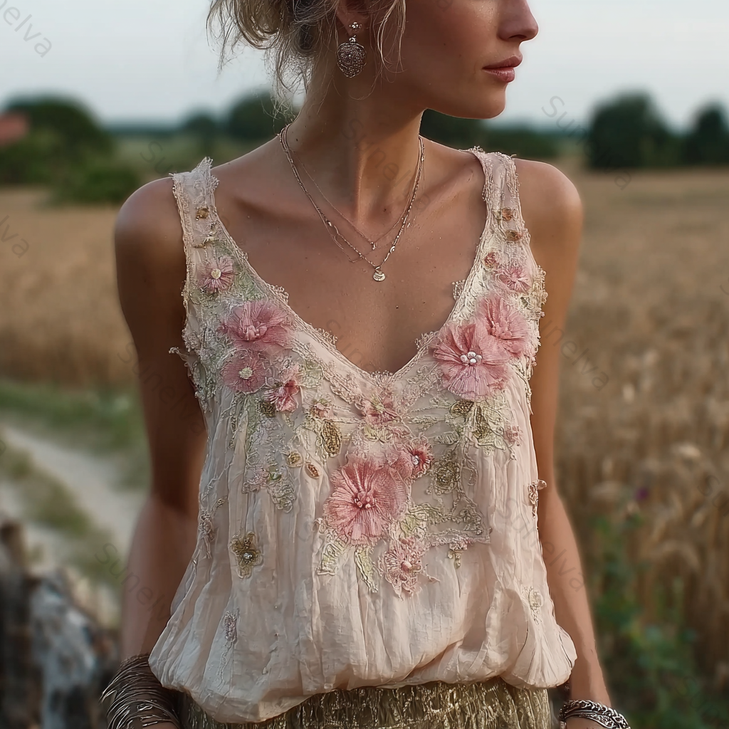 Bohemian Retro Pink Floral Pattern Women's Sleeveless Thin Shoulder Strap Vest 8990