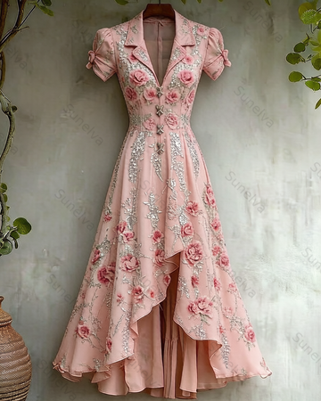 Women's Vacation Irregular Ruffle Flowers Embroidery Dress 8671