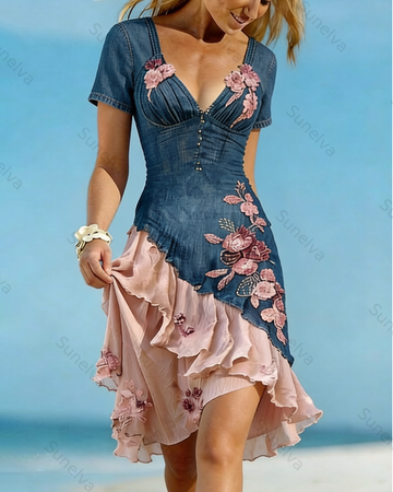 Women's Summer Contrast-Color Floral Embroidered Patchwork Linen Dress  1128