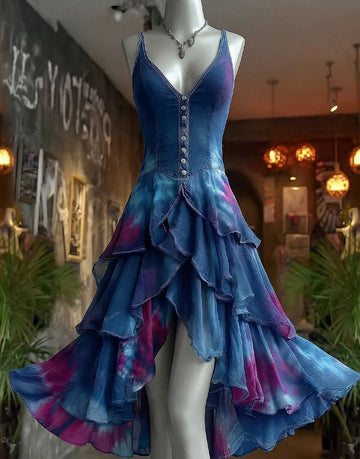 Women's Summer Boho-Chic Asymmetrical Ruffled Tie-Dye Dress 8475