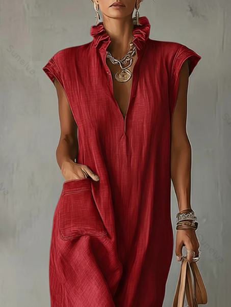 Women’s Ruffle Collar Cotton Linen Midi Dress – Elegant Summer Dress 5a17